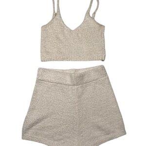 White Furry Knit Stretch Sleep Crop Top‎ & Shorts Set Lounge Wear Cozy Casual
